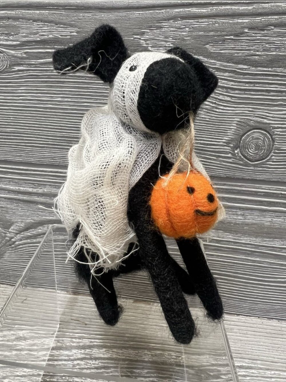Halloween Ghost Black Puppy Dog Ghost Felted Plush Decor Small 4.25”